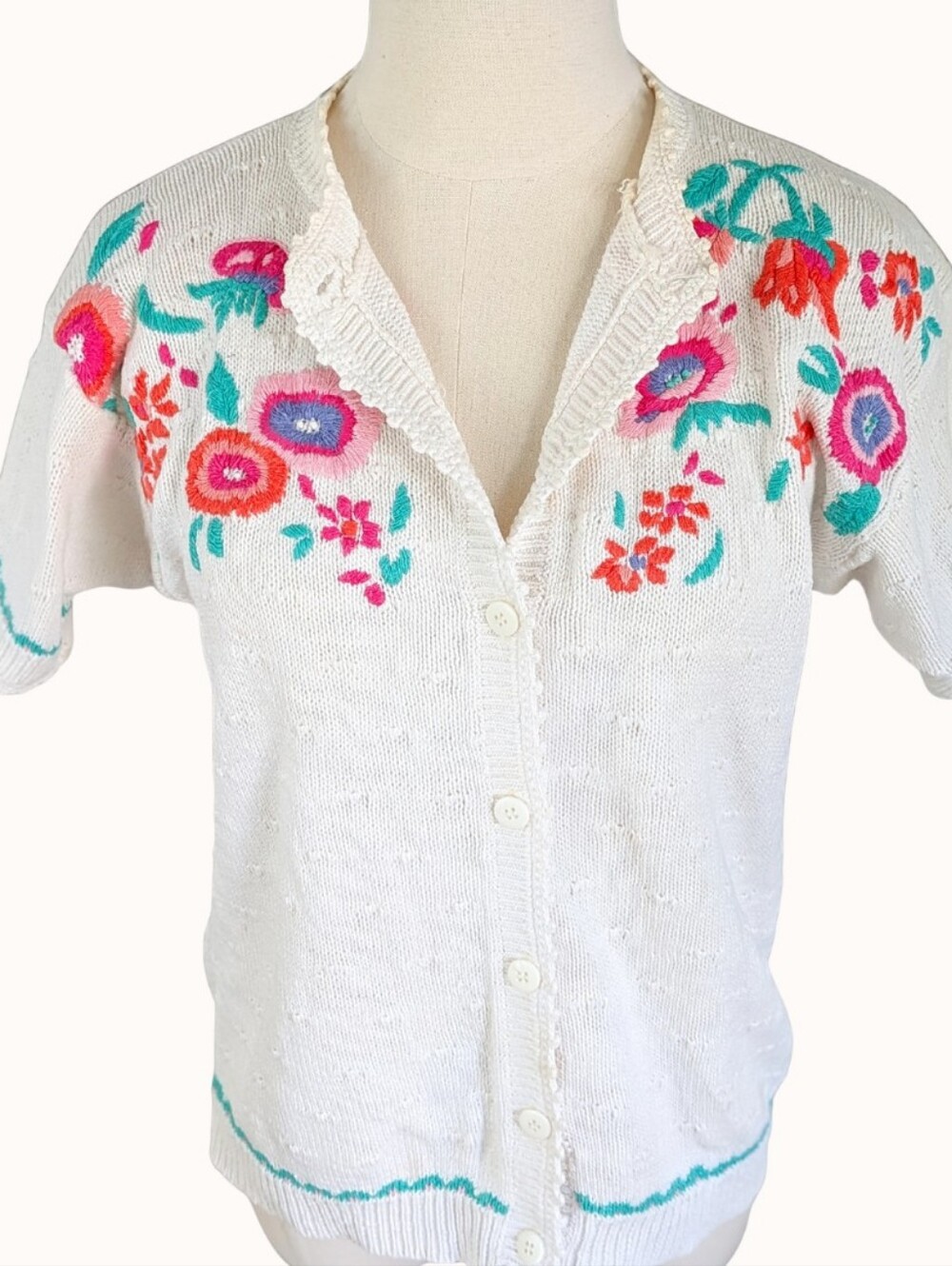 Vintage 90s Hand Embroidered Knit Cardigan w Picot Trim Cotton Ramie Blend S/M